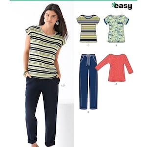 May include: A woman wearing a striped top and navy blue pants. The image also shows illustrations of various tops and pants, including a striped top, a floral top, a long-sleeved red top, and navy blue pants. The text "NEW LOOK" is at the top.