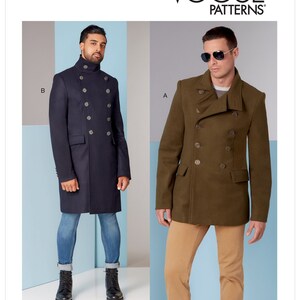May include: Vogue Patterns V1853 sewing pattern for a double-breasted coat with a high collar. The pattern includes two variations: a navy blue coat with a longer length and a green coat with a shorter length. Both coats feature a double-breasted closure with buttons and a flap pocket on the left side.
