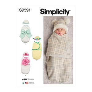 May include: Simplicity sewing pattern S9591, easy-to-sew baby clothes. The pattern includes a hat and a swaddle. The swaddle is shown in a plaid pattern. The hat is shown in a solid color with a pom-pom on top. The pattern is designed and printed in the USA.