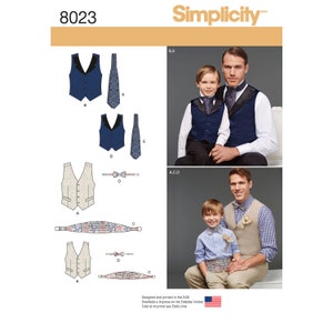 May include: Simplicity sewing pattern number 8023 for a vest and bow tie. The pattern includes instructions for making a vest and bow tie in two different styles. The first style is a navy blue vest with a matching bow tie. The second style is a beige vest with a floral patterned bow tie.