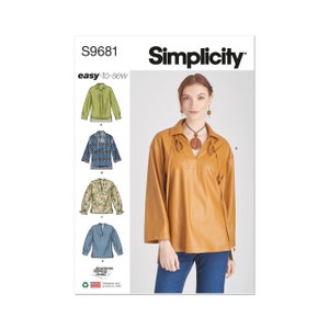 May include: Simplicity sewing pattern S9681, easy-to-sew, featuring four different styles of blouses with long sleeves and a V-neck. The pattern includes a brown blouse with a tie detail at the neck.