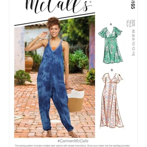 May include: A sewing pattern featuring three different styles of clothing: a blue jumpsuit, a green floral dress, and a pink floral dress. The pattern includes instructions and is labeled "#CarmenMcCalls".
