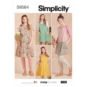 May include: Simplicity sewing pattern S9564 featuring aprons in various styles. The aprons are shown in different colors and patterns, including floral and solid options. The text "easy-to-sew" is displayed.