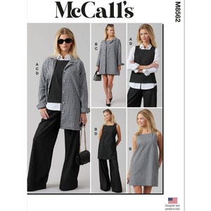 May include: McCall's sewing pattern M8562 for a dress and jacket. The pattern shows four different styles of clothing, including a gingham dress, a gingham jacket, a black dress, and a black vest. The pattern is designed and printed in the USA.