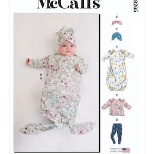 May include: A sewing pattern for a baby gown, hat, and pants. The pattern includes multiple view options and simple instructions. The pattern is designed and printed in the USA. McCall's M8265.
