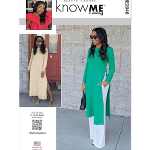 May include: A sewing pattern for a long, loose-fitting dress with a side slit. The pattern is called "knowME" by mimig and is for size ME2046. The pattern includes instructions for making a dress in two colors: beige and green.