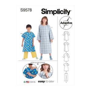 May include: Simplicity sewing pattern number S9578 for an adaptive gown and pants. The pattern includes instructions for a hook and loop closure. The pattern is designed and printed in the USA.