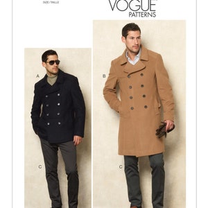 May include: Two men's coats, one navy blue and one brown, with double breasted closures and a collar. The coats are both worn by models with dark pants and shoes. The image includes the text "V8940" and "VOGUE PATTERNS".