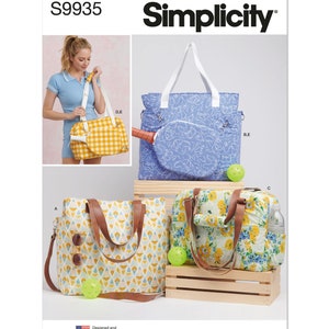 May include: Simplicity pattern S9935 featuring various tote bags with different patterns. The bags include a yellow and white gingham bag, a blue bag with a white pattern, and bags with floral and geometric designs. The bags have brown leather handles and straps.
