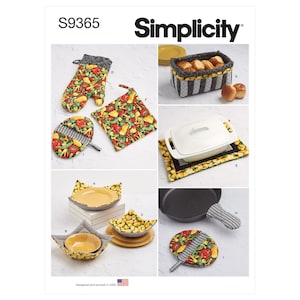 May include: Simplicity pattern S9365 featuring various kitchen accessories. Includes an oven mitt, pot holders, bowl cozies, a bread basket, and a cast iron skillet with a handle cover. The accessories have a colorful pattern of red peppers, yellow corn, and green beans.