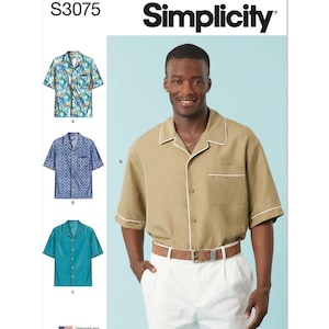 May include: Simplicity sewing pattern S3075 for a shirt with three different variations. The pattern shows a model wearing a tan shirt with white piping and a white pocket. The pattern also shows three different shirt designs: a tropical print, a blue and white geometric print, and a solid teal shirt.