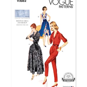 May include: Vintage Vogue sewing pattern for a jumpsuit and a dress. The pattern is from 1959 and includes additional size options and cutting layouts. The pattern is authentic and designed and printed in the USA.
