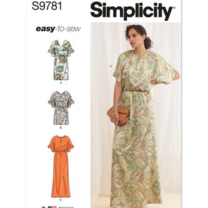 May include: Simplicity sewing pattern S9781, easy-to-sew maxi dress with three different style options: floral print, animal print, and solid orange.