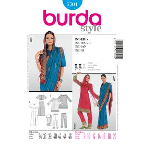 May include: A Burda Style sewing pattern featuring Indian-style garments. The pattern includes illustrations of various outfits, including a blue sari and a red salwar kameez. The pattern sizes are listed in both US and European sizes.