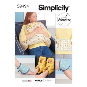 May include: A sewing pattern for making various adaptive cushions and supports. The pattern includes instructions for a back support, ankle support, knee support, and a large, crescent-shaped pillow. The pattern is labeled "Simplicity Adaptive" and "S9494".