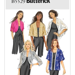 May include: A sewing pattern for five different styles of short-sleeved jackets. The pattern is called "B5529 Butterick".
