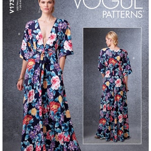 May include: A sewing pattern for a maxi dress with a V-neckline and a tie at the waist. The dress is printed with a floral pattern in shades of blue, pink, and yellow. The pattern is from Vogue Patterns and is labeled V1735.