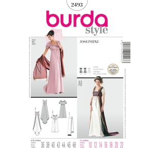 May include: A Burda Style sewing pattern featuring a pink dress and a woman holding a parasol. The pattern includes illustrations of different dress styles and size charts in both US and European sizes. The cover has the number 2493.