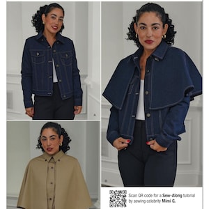 May include: Simplicity sewing pattern S3168 featuring three denim jacket styles. The image includes a classic denim jacket, a denim jacket with a cape-like overlay, and a tan cape-style jacket. The pattern is designed and printed in the USA.