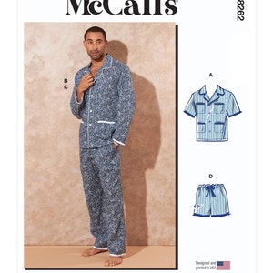 May include: A sewing pattern for pajamas with multiple view options. The pattern includes a long-sleeved shirt and pants, a short-sleeved shirt, and shorts. The pattern is designed and printed in the USA.