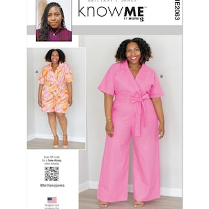 May include: A sewing pattern for a jumpsuit with two different styles. The first style is a short-sleeved jumpsuit with a wrap-style bodice and a printed fabric. The second style is a long-sleeved jumpsuit with a wrap-style bodice and a solid pink fabric. The pattern is called "knowME" by mimig.