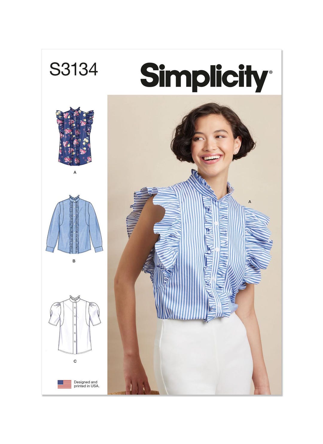 Misses' Ruffled Button Front Top With Sleeve Variations Simplicity ...