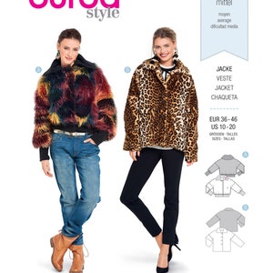 May include: A sewing pattern for a jacket with two different styles. The first style is a colorful faux fur jacket and the second style is a leopard print faux fur jacket. The pattern is for sizes EUR 36-46 and US 10-20.