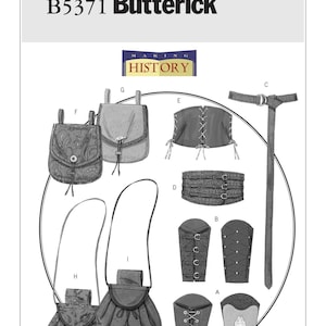 May include: A set of 10 sewing patterns for making historical clothing and accessories. The patterns include a corset, a belt, a pair of arm guards, a pair of pouches, and a pair of bags. The patterns are from Butterick pattern number B5371.