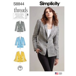 May include: A woman wearing a gray tweed blazer with a black button and pockets. The image includes illustrations of three blazer designs: gray, blue striped, and yellow with bell sleeves. The Simplicity logo and the text "threads" are also visible.