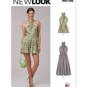 May include: A woman wearing a green and white patterned halter dress, holding a green purse, and wearing brown sandals. The image also shows two dress designs. The text "NEWLOOK" and "N6798" are visible.