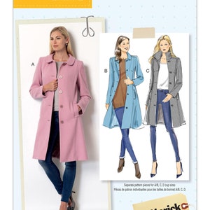 May include: A sewing pattern for a coat, featuring three coat designs in pink, light blue, and gray. The pattern includes the text "lisette SEW YOUR STYLE" and "Butterick sewlisette.com". The pattern number is B6385.