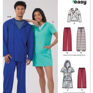 May include: A New Look sewing pattern, N6818, featuring a hooded sweatshirt and dress. The pattern includes views for unisex sizing XS-XL and misses sizing 8-18. The image shows a blue hooded jacket and pants, and a teal hooded dress.