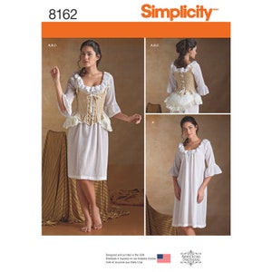 May include: A Simplicity sewing pattern for a white, long-sleeved, ruffled-neck dress and a beige corset with a lace-up front. The pattern number is 8162.