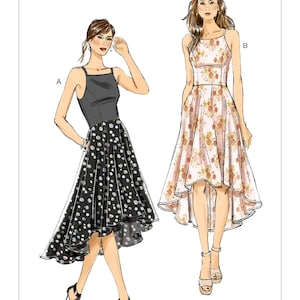 May include: A sewing pattern for a high-low dress with two different styles. The first style is a black dress with white polka dots, and the second style is a floral print dress. The pattern is for sizes A, B, C, and D cups. The pattern is called "Very Easy Vogue" and the pattern number is V9252.