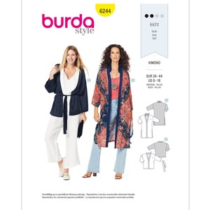 May include: A Burda Style pattern featuring a kimono design, number 6244. The image shows two women wearing kimono-style garments. The pattern includes sizing information and the word "kimono".