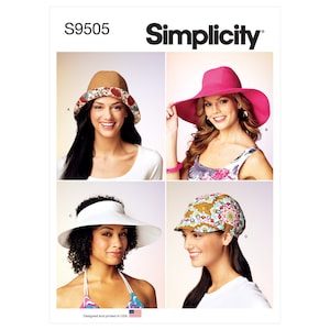May include: Simplicity sewing pattern S9505 for four different styles of hats. The hats are shown on models with various hairstyles and clothing. The hats include a wide-brimmed sun hat, a bucket hat, a visor, and a newsboy cap.