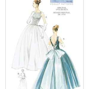 May include: Vintage Vogue sewing pattern for a ball gown with a full skirt. The pattern includes two different styles, one with a white skirt and the other with a blue skirt. The pattern is from 1956 and is a vintage design.