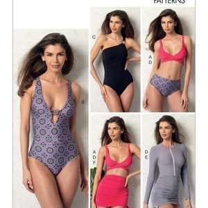 May include: Vogue Patterns V9192 swimsuit sewing pattern featuring five different styles: a one-piece swimsuit with a plunging neckline and geometric print, a bikini top with a criss-cross front and a high-waisted bottom with a geometric print, a one-piece swimsuit with a one-shoulder neckline, a bikini top with a criss-cross front and a high-waisted skirt, and a long-sleeved swimsuit with a zipper.