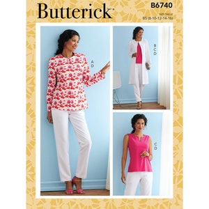 May include: Butterick B6740 sewing pattern featuring three different women's outfits. The outfits include a floral print jacket and pants, a white coat and pants, and a pink sleeveless top and white pants. The pattern includes sizes 8-16.