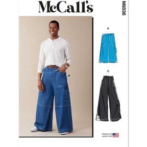 May include: A sewing pattern for wide-leg pants with a model wearing a white long-sleeve shirt and blue jeans. The pattern includes three different styles of pants: A, B, and C. The pattern is designed and printed in the USA. McCall's M8536.