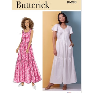 May include: A sewing pattern for a maxi dress with two different styles. Style A is a sleeveless dress with a floral print and style B is a white dress with short sleeves. The pattern is from Butterick and the pattern number is B6983.