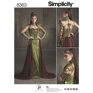 May include: A sewing pattern for a fantasy-inspired costume featuring a green and burgundy dress with a corset, gold accents, and a cape. The pattern is Simplicity 8363.