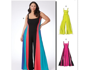 May include: McCall's sewing pattern M8513 for a jumpsuit with three different style options. The pattern includes a black jumpsuit with colorful panels, a yellow jumpsuit, and a pink jumpsuit.