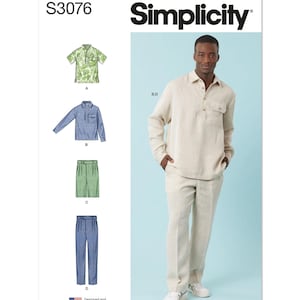 May include: Simplicity sewing pattern S3076 for a shirt and pants. The pattern includes four different views: a short-sleeved shirt with a floral print, a long-sleeved shirt with a plaid print, a pair of green pants, and a pair of blue pants. The pattern is designed and printed in the USA.