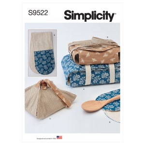 May include: Simplicity sewing pattern S9522 for making kitchen accessories. The pattern includes instructions for making a pot holder, a casserole carrier, a bread basket, and a hot pad. The pattern features a variety of fabrics, including gingham, floral, and solid colors.