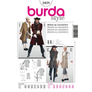 May include: A Burda Style sewing pattern featuring pirate and Casanova costume designs. The cover displays illustrations of the costumes, including coats, vests, and breeches. Size charts in US and EUR sizes are included.