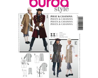 May include: A Burda Style sewing pattern featuring pirate and Casanova costume designs. The cover displays illustrations of the costumes, including coats, vests, and breeches. Size charts in US and EUR sizes are included.