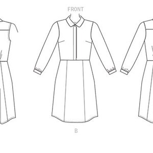 May include: Line drawing of two dress styles, front and back views. Style A is a sleeveless dress with a collared neckline and a gathered waist. Style B is a long-sleeved dress with a similar design. Both dresses have a button-down front.
