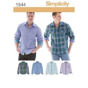 May include: Simplicity sewing pattern number 1544 for a long-sleeved shirt with four different design options. The pattern includes a striped shirt, a plaid shirt, a paisley shirt, and a solid shirt.