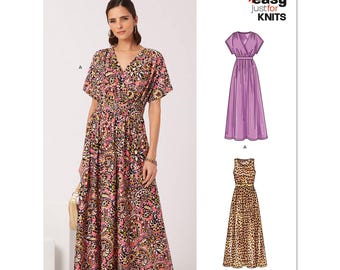 Könnte beinhalten: Nähmuster für ein Maxikleid mit V-Ausschnitt und kurzen Ärmeln. Das Muster enthält zwei Variationen: eine mit bedrucktem Stoff und eine mit einfarbiger Farbe. Das Muster ist von New Look und trägt die Bezeichnung "Easy Just for Knits" mit der Nummer N6751.